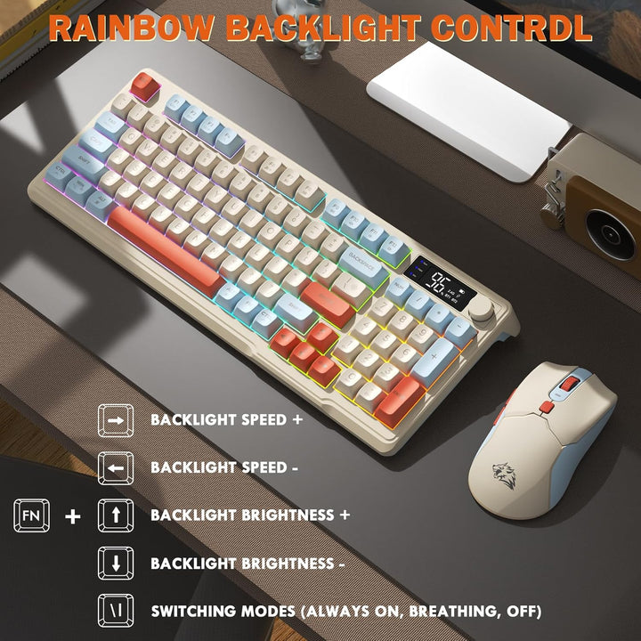 FREEWOLF T96 Kabellose Tastatur und Maus, Bluetooth & 2.4G,PBT-Tastenkappen, QWERTY, Medienrad, Disp