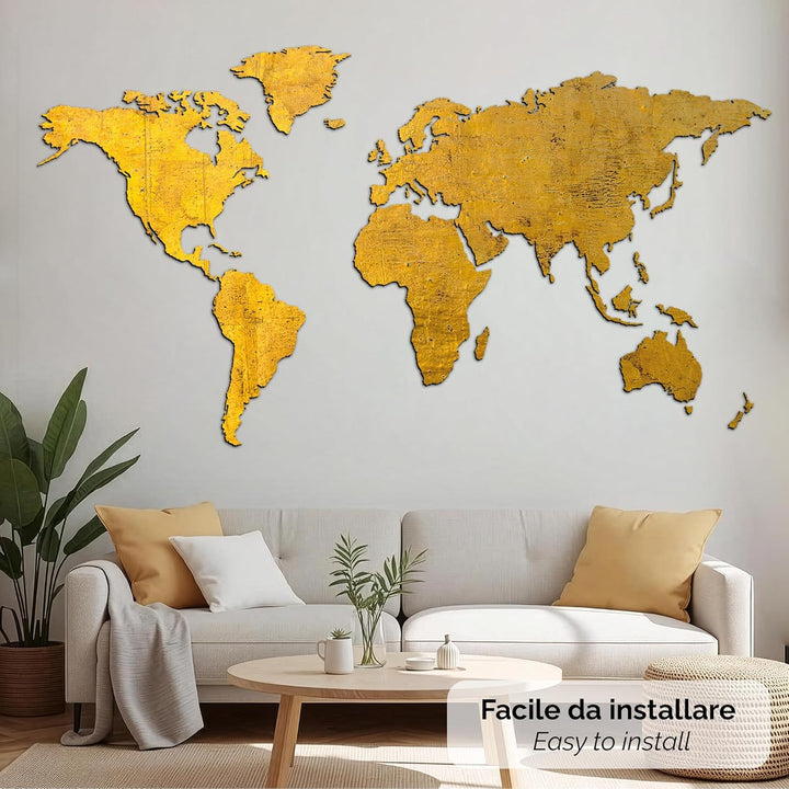 Giallobus - Weltkarte - Gold - MDF HOLZWANDDEKORATION - Moderne GEMÄLDE BLEIBE - 190X105 cm 190x105c