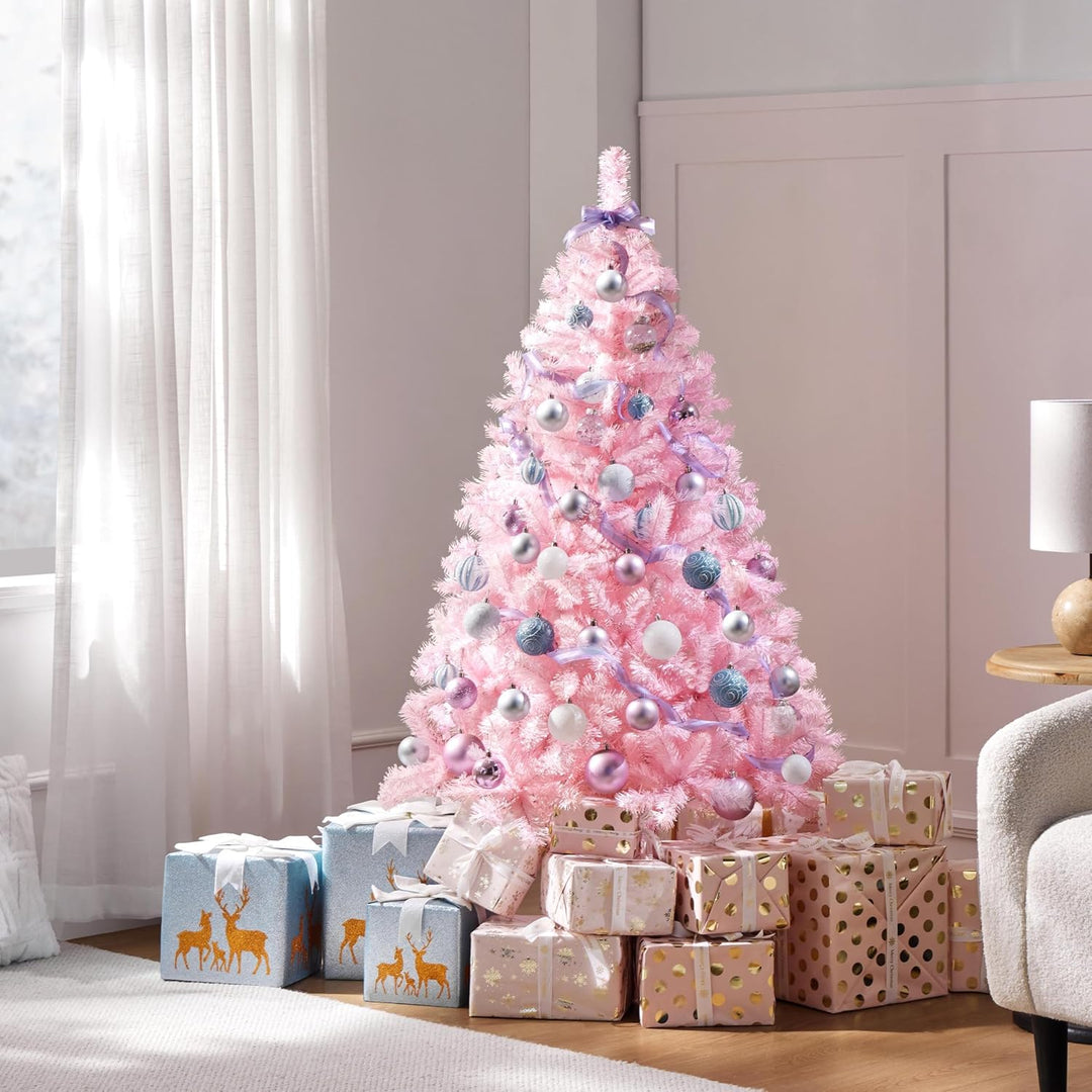 Yaheetech 154cm Künstlicher Weihnachtsbaum Rosa, Tannenbaum mit 398 Spitzen & Faltbarem Metallstände