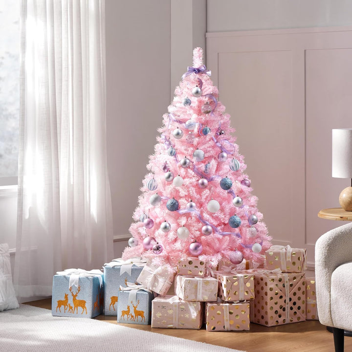 Yaheetech 154cm Künstlicher Weihnachtsbaum Rosa, Tannenbaum mit 398 Spitzen & Faltbarem Metallstände