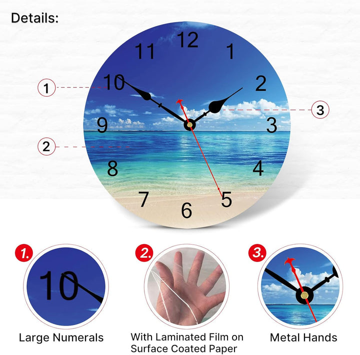 TAHEAT 20 cm Blau Himmel Meer Wanduhr, Ohne Tickgeräusche Leise Holz Strand Uhren, Modern Dekorativ