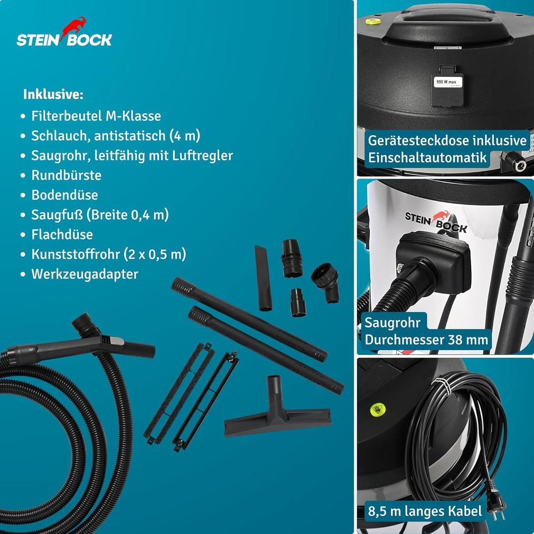 Steinbock Industriesauger trocken| 2.400 Watt | 62 l Fassungsvermögen | für zertifizierte Absaugung