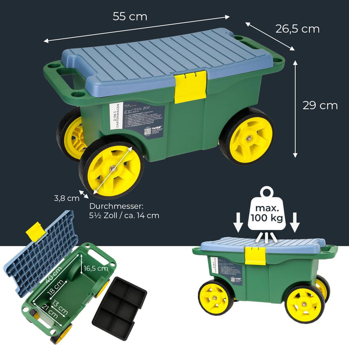 HMF 2-in-1 Gartenwagen mit Sitz und Stauraum, Gartenhocker mit grossen Rollen, Rollsitz für Gartenar