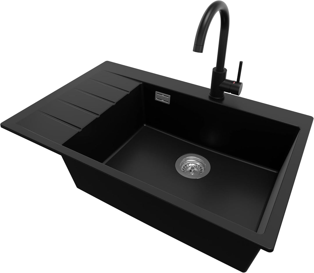 Granitspüle Schwarz 78x50cm, Spülbecken 1 Becken + Ablauf-Set + Küchenarmatur, Küchenspüle ab 60er U