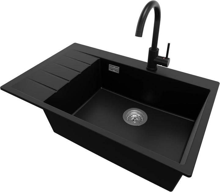 Granitspüle Schwarz 78x50cm, Spülbecken 1 Becken + Ablauf-Set + Küchenarmatur, Küchenspüle ab 60er U