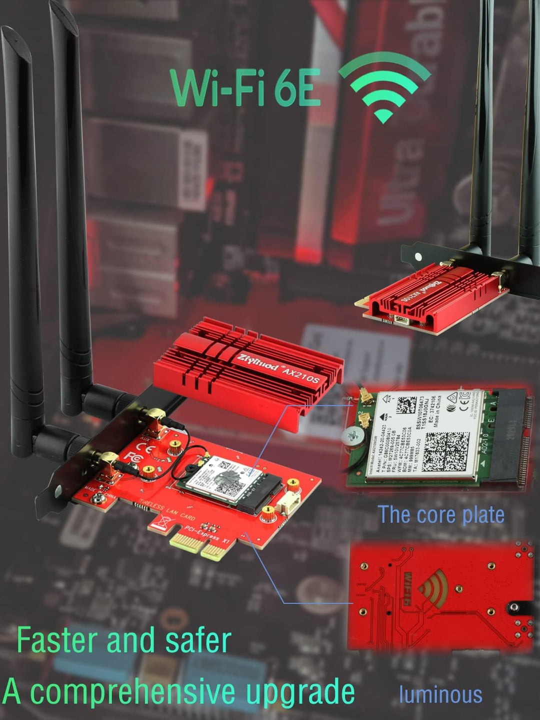 ZYT WLAN Karte, Intel AX210 Bluetooth5.2, Bis zu 5400Mbit/s Tri-Bands(6G/5G/2.4G) WLAN PCIe WiFi 6 K
