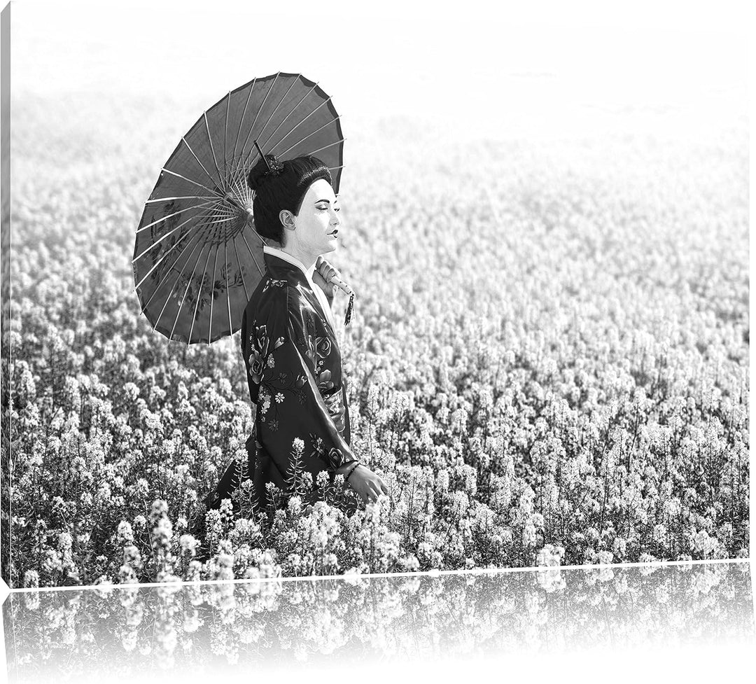 Pixxprint Geisha auf dem Feld Kunst B&W, Format: 100x70 auf Leinwand, 100x70