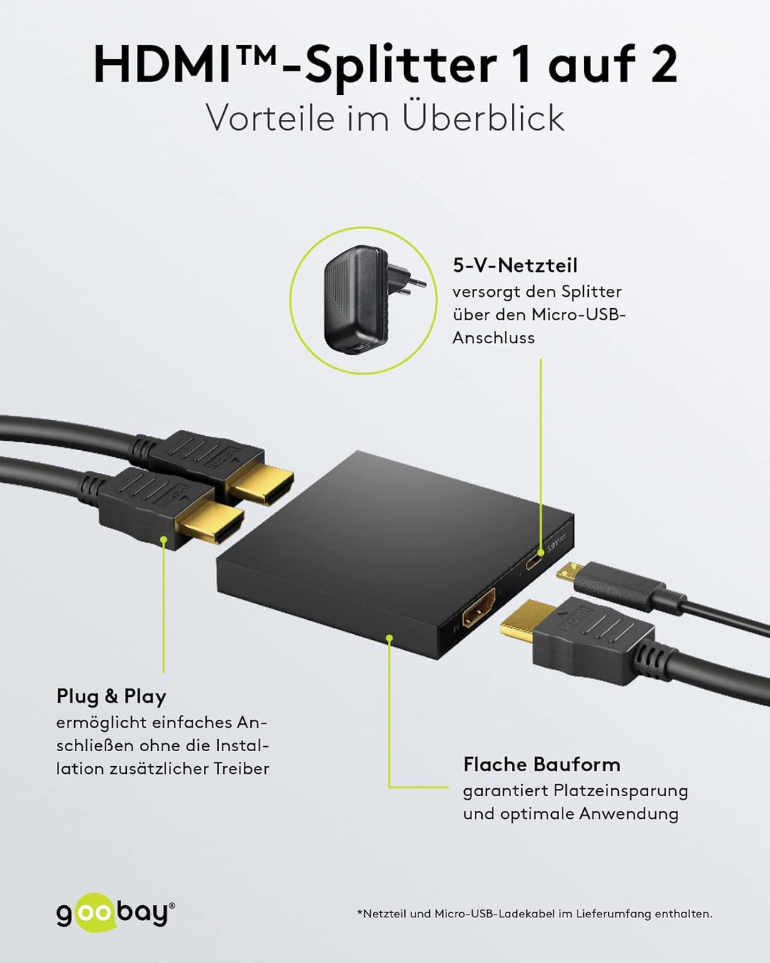 goobay 58480 HDMI Splitter 1 in 2 Out / 4K bei 30Hz (2160p) HDMI Verteiler/HDMI 1.4 Switch für Zwei