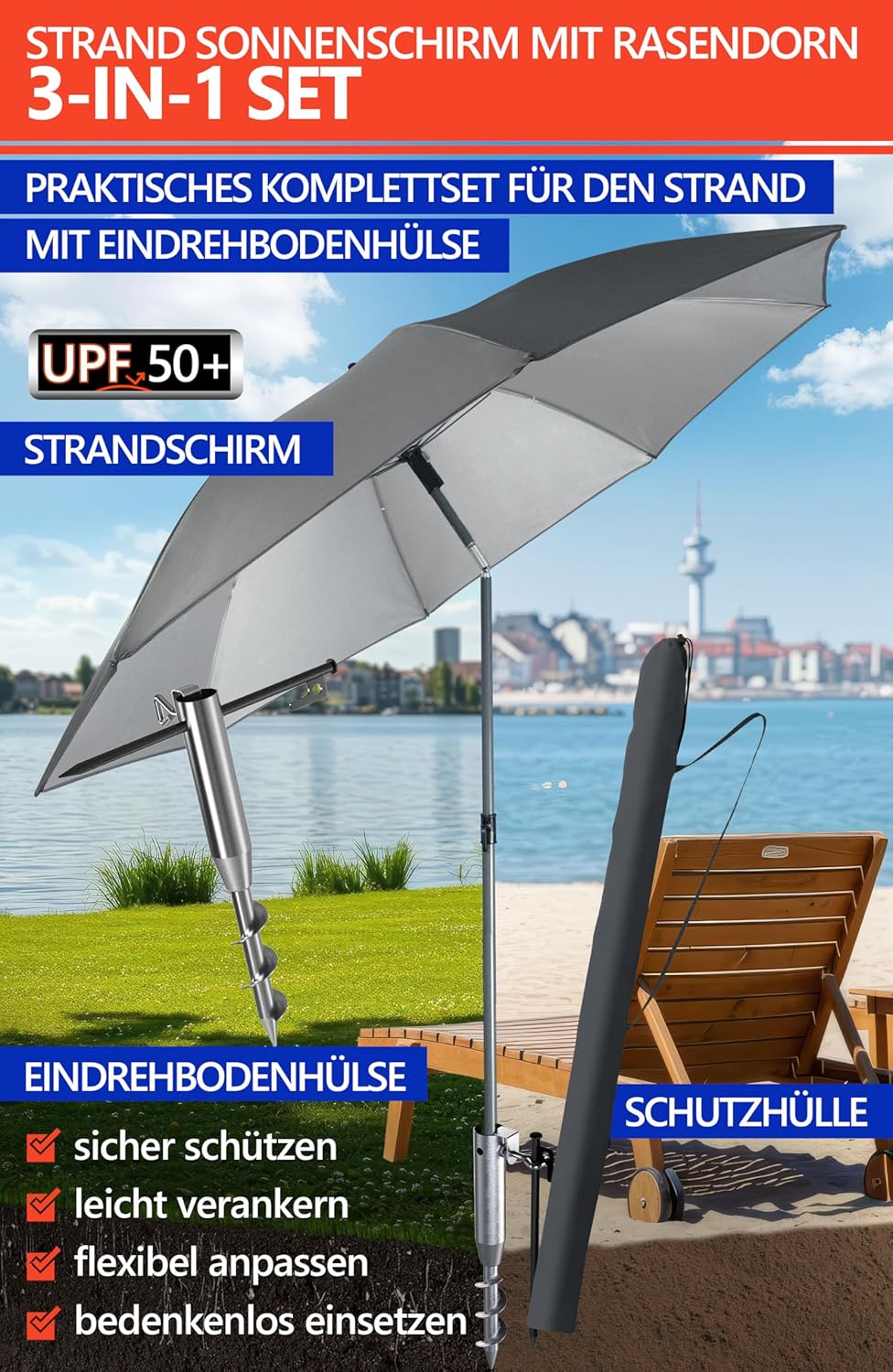 4smile Sonnenschirm Strand Set 3-in-1, Ø 180 cm Strandschirm Windfest Stabil mit Schirmhülle & Eindr