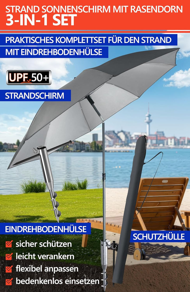 4smile Sonnenschirm Strand Set 3-in-1, Ø 180 cm Strandschirm Windfest Stabil mit Schirmhülle & Eindr