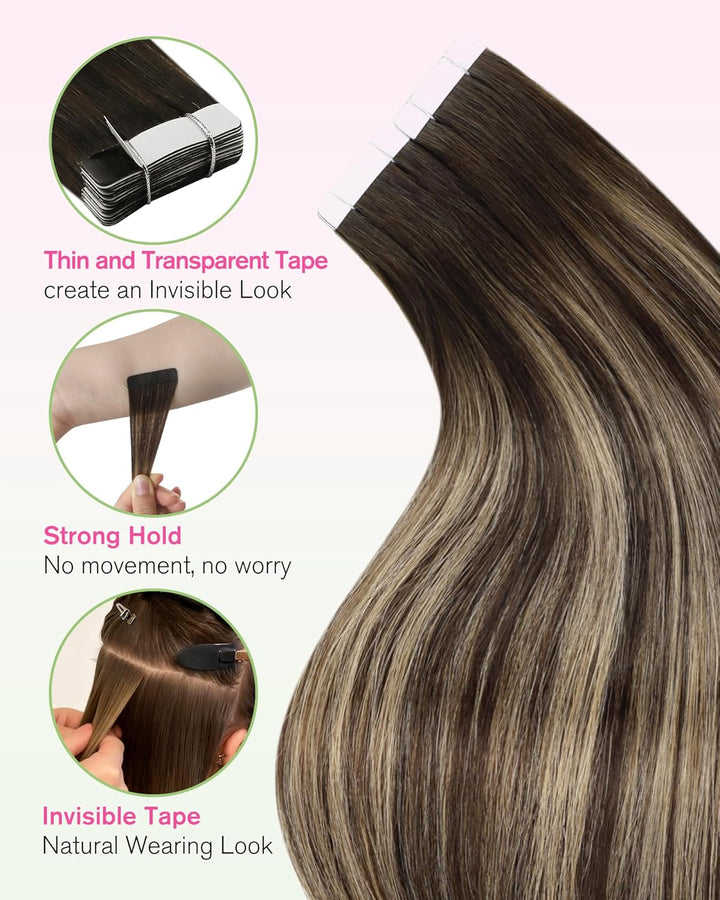 YoungSee Tape in Extensions Echthaar Ombre Echthaar Extensions Tape 50cm Dunkelbraun Balayage Blond