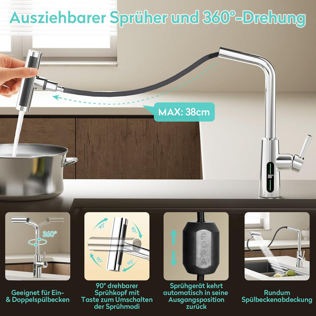 KAIYING Wasserhahn Küche Ausziehbar mit Temperaturanzeige (Batterielos), Hochdruck Wasserfall Küchen