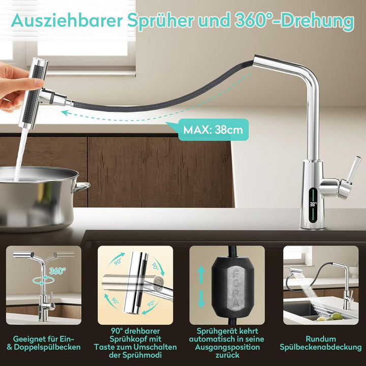 KAIYING Wasserhahn Küche Ausziehbar mit Temperaturanzeige (Batterielos), Hochdruck Wasserfall Küchen