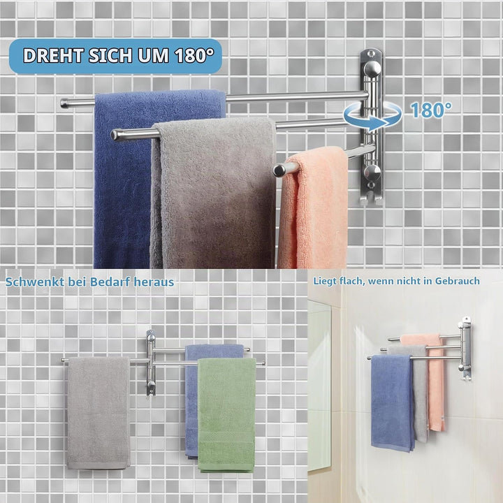 JSVER Handtuchhalter Wand,180° Drehung Handtuchhalter mit 3 Armig Schwenkarm Handtuchstange mit Hake