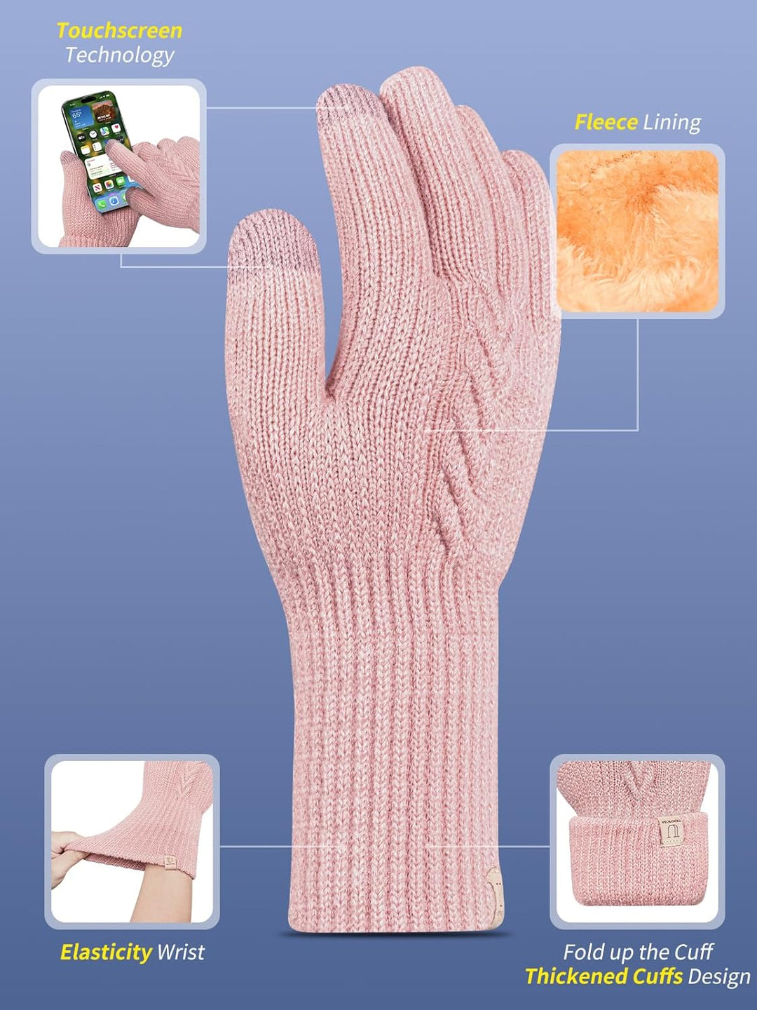 Handschuhe Winter Damen, Doppelte Thermo mit Fleecefutter Touchscreen Strick wollhandschuhe Laufen R