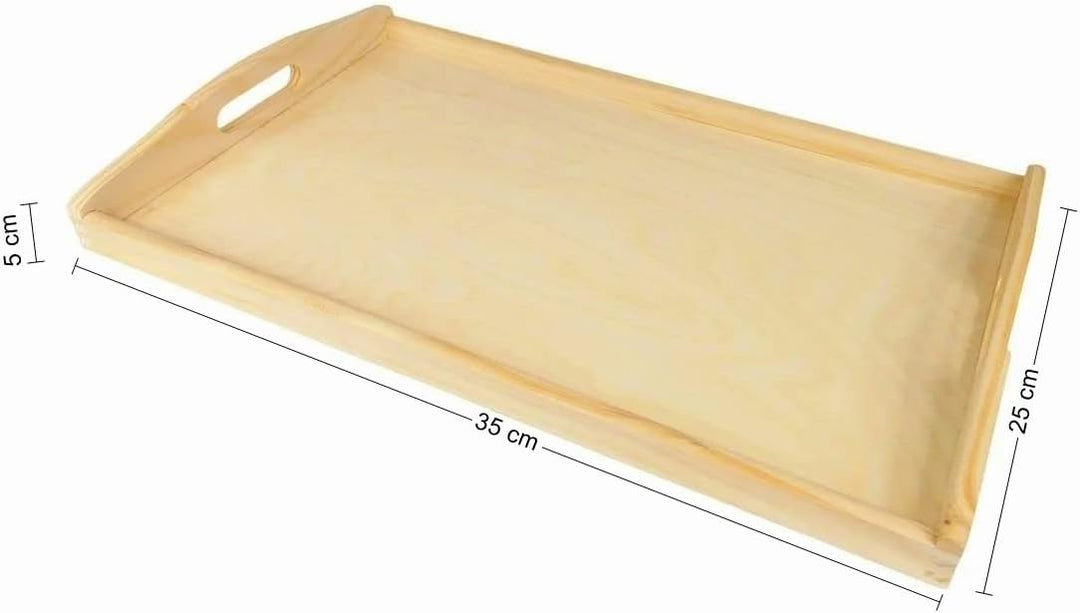 Wooden World Mittleres Holztablett Servierbett Frühstück mit Griffen natur lackiertes Holz 35 x 25 x