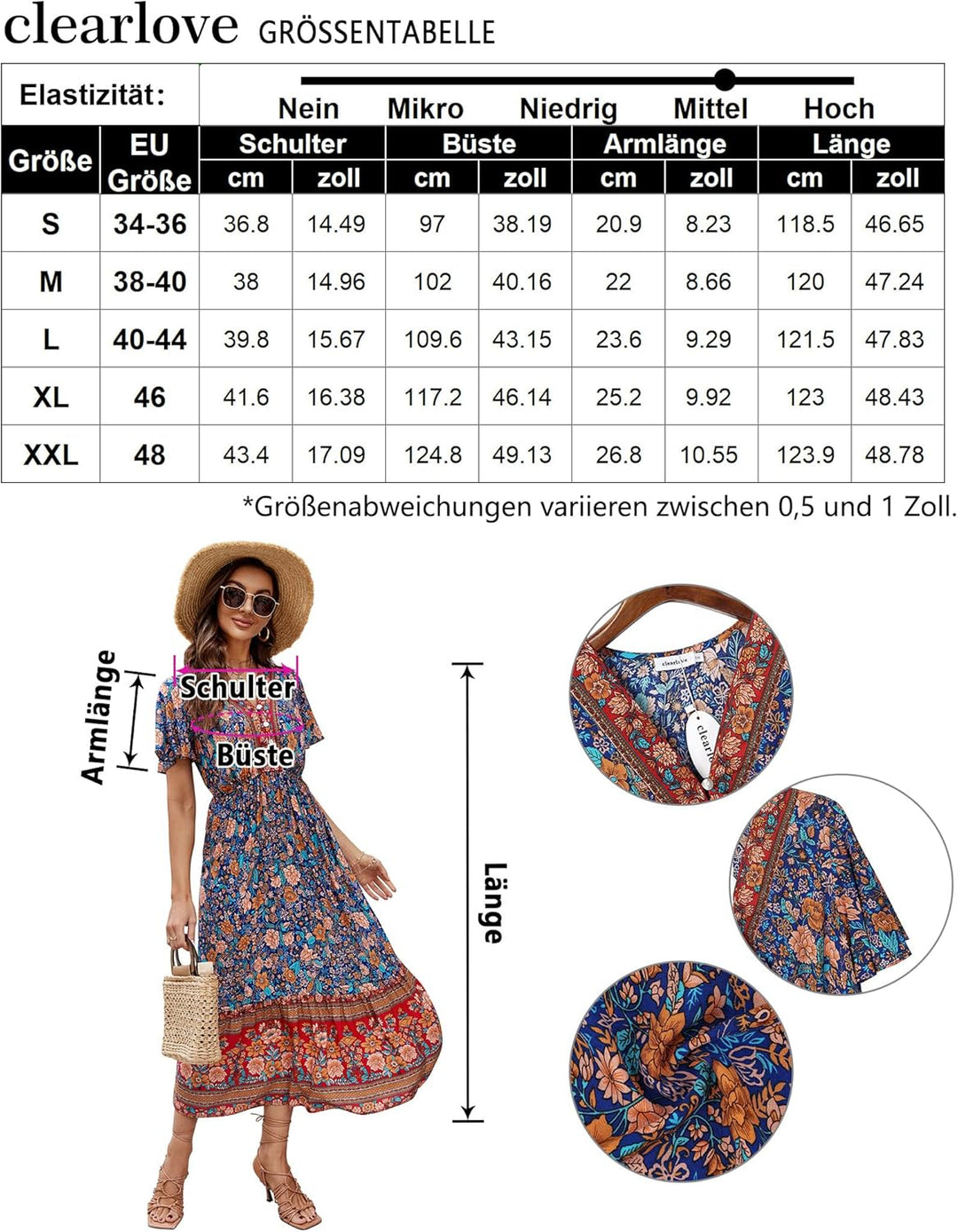 Clearlove Damen Sommerkleid Boho Kurzarm Midi Kleider V-Ausschnitt Strandkleid lang Blumenkleid Rüsc