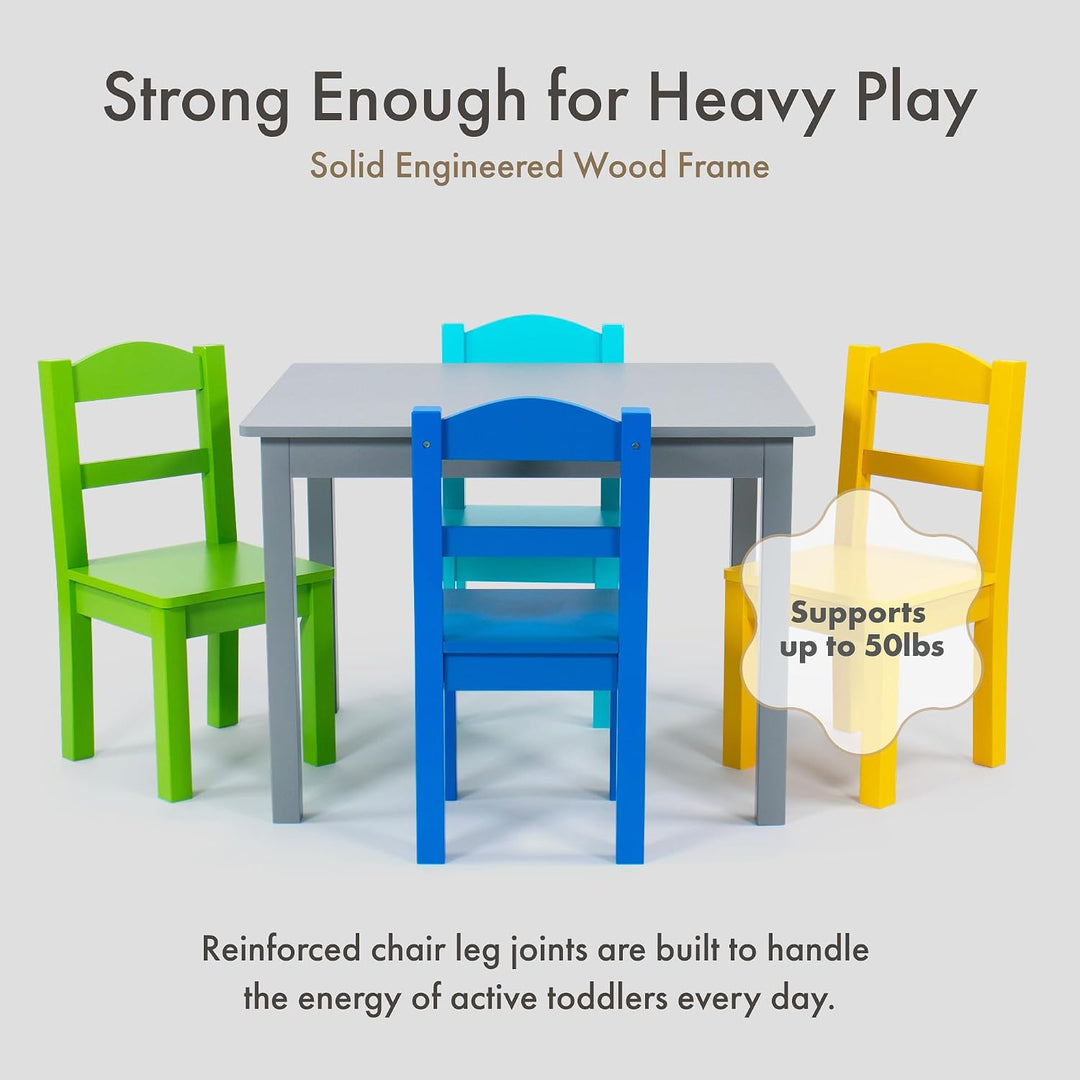 Humble Crew bunter Holztisch für Kinder, Grau/Blau/Grün/Gelb! Mit 4 Stühlen, ideal für Kinderzimmer.