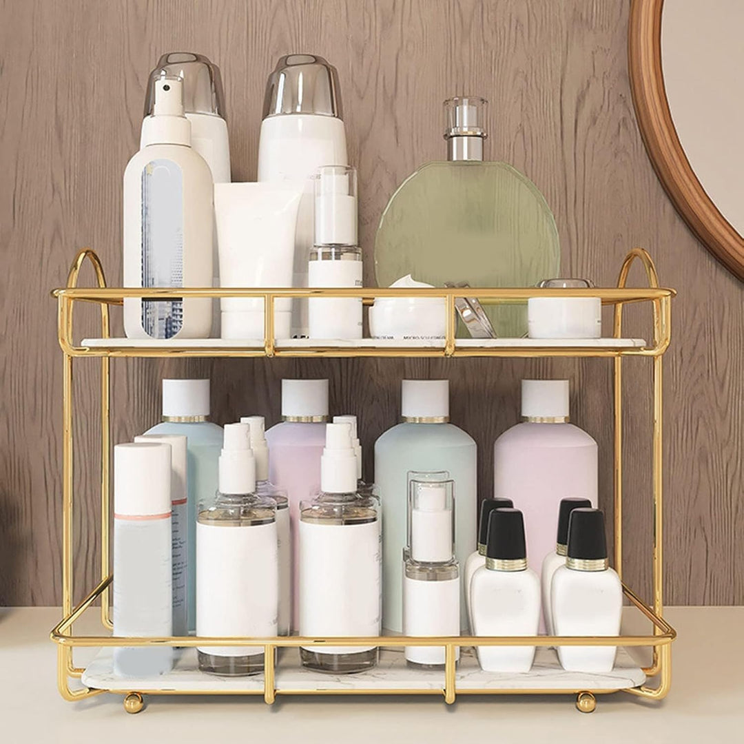 Bad-Organizer mit 2 Ebenen, Goldfarbenes Metall-Regal für Kosmetik & Parfüm, Wasserdichtes Tablett f