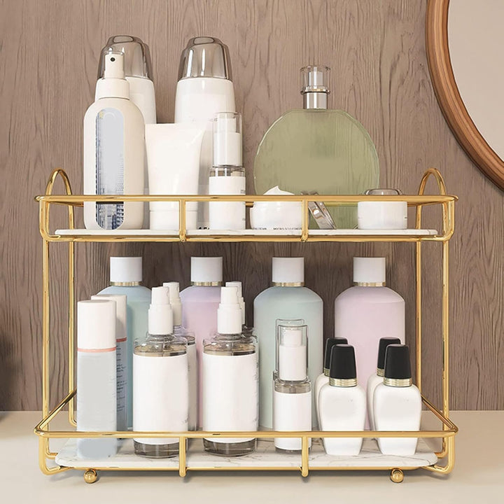 Bad-Organizer mit 2 Ebenen, Goldfarbenes Metall-Regal für Kosmetik & Parfüm, Wasserdichtes Tablett f
