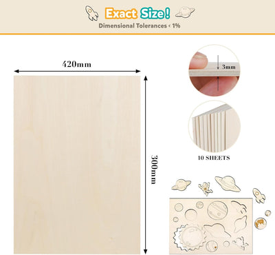 SWAWIS 10 Stück A3 Sperrholzplatte 3mm, Sperrholz Lindenholz 420 * 300mm, Bastelholz-Platten, Holz P