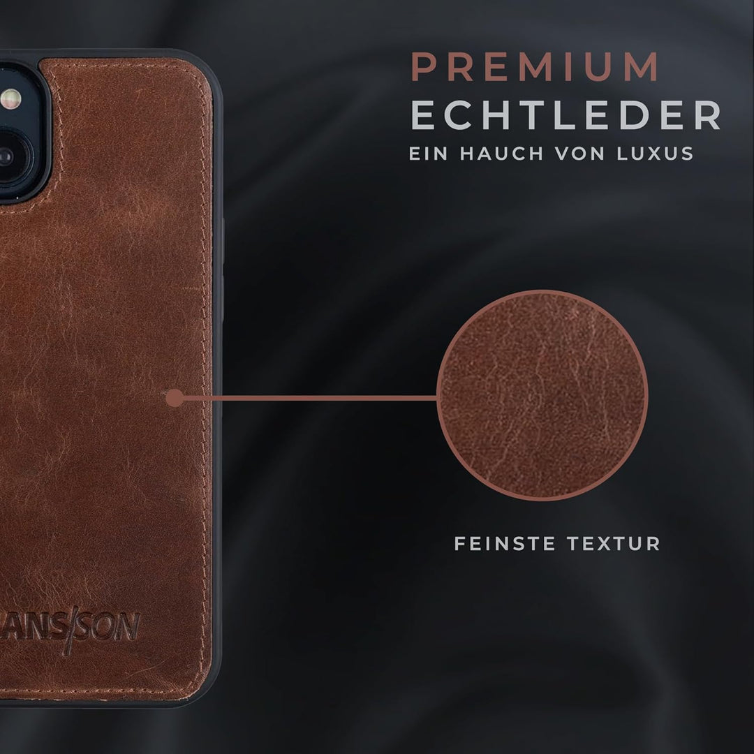 HANS/SON Lederhülle mit Kartenfächern | iPhone 14 | Echtleder | 6,1 Zoll | Schmal | Klapphülle | Sto