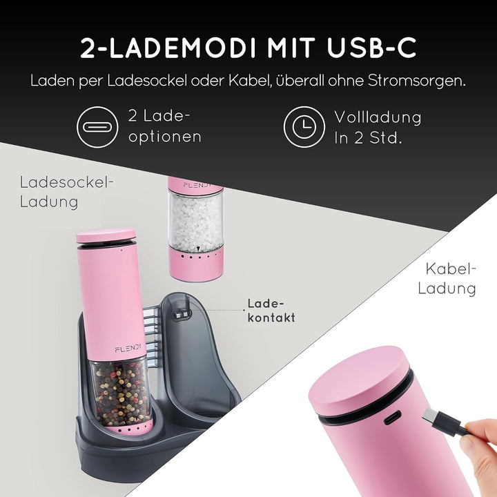 Flendy Salz und Pfeffermühle Elektrisch 2er Set, Elektrische Salz und Pfeffermühle Set mit USB-C Lad