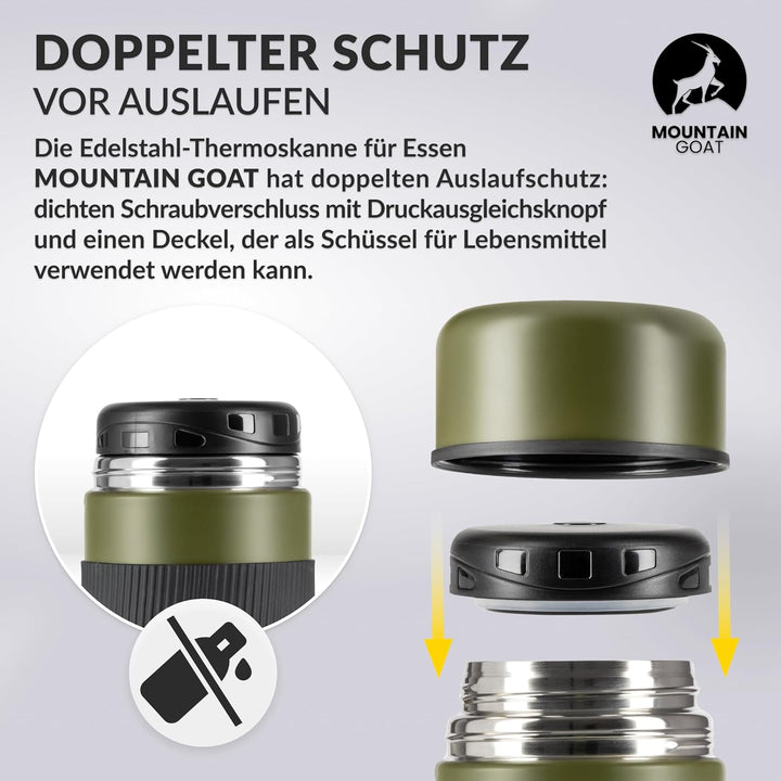 MOUNTAIN GOAT Thermobehälter für Essen 1L aus Edelstahl, Doppelwandig, Druckentlastungsventil, Isoli