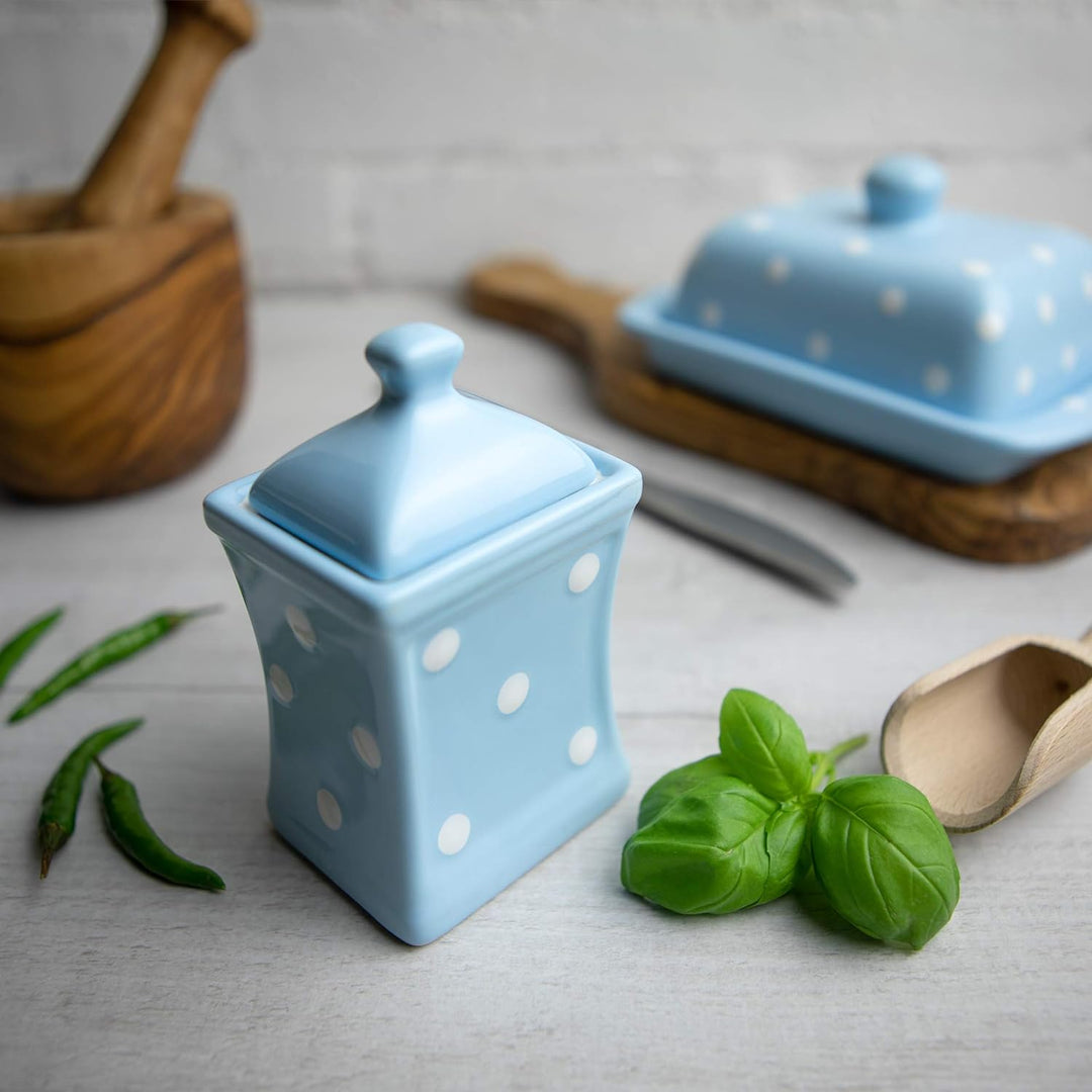 City to Cottage® - Keramik Behälter Küche 150 ml | Hellblau und Weiss | Polka Dots | Handgemacht | B