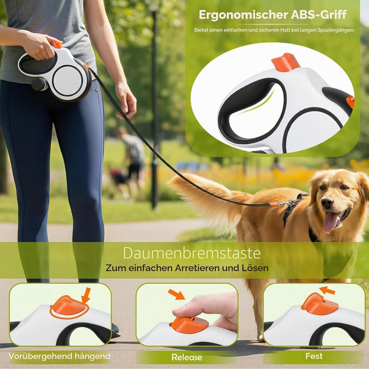 Hundeleine 8m, Robuste Rollleine für Hunde bis 50kg/110lbs, Flexileine mit Bequemen Griff & Kotbeute