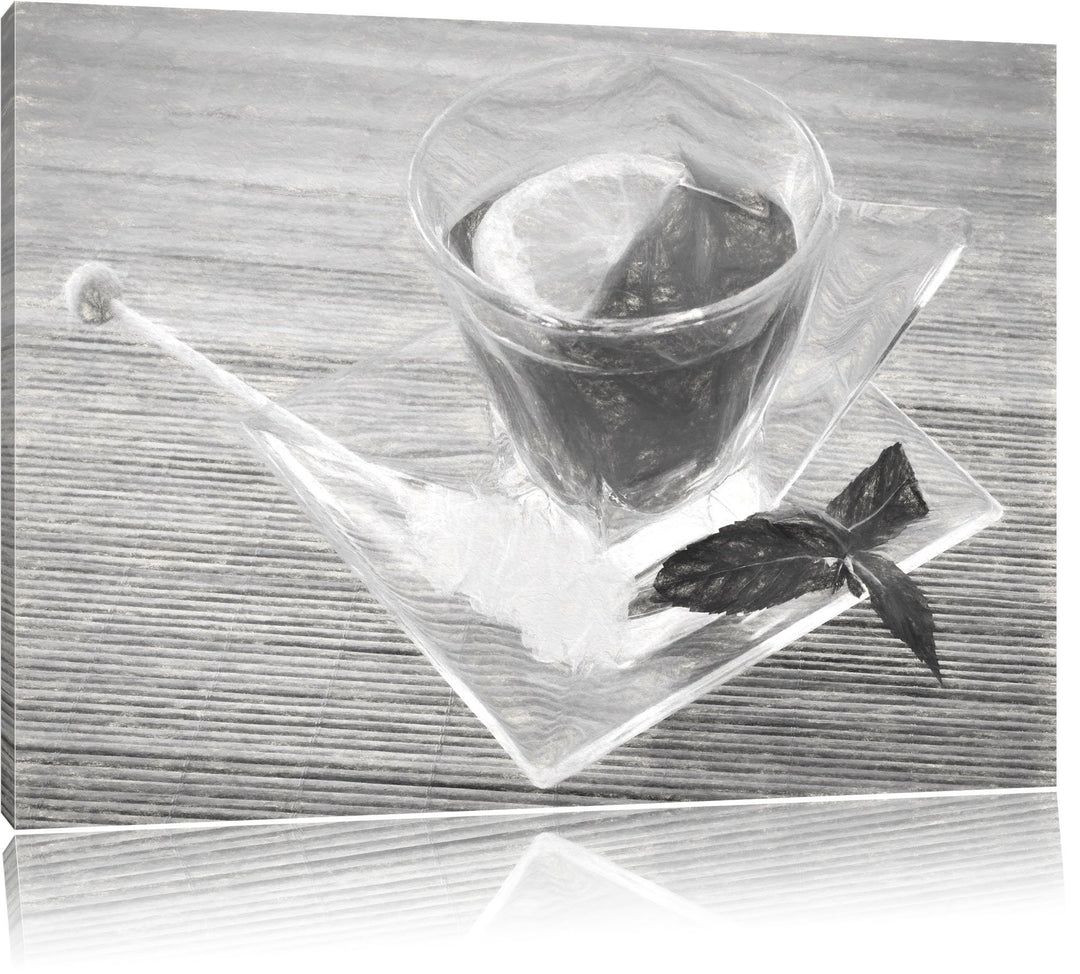 Pixxprint Tasse Tee mit Minze Kohle Zeichnung Effekt, Format: 100x70 auf Leinwand, XXL riesige Bilde