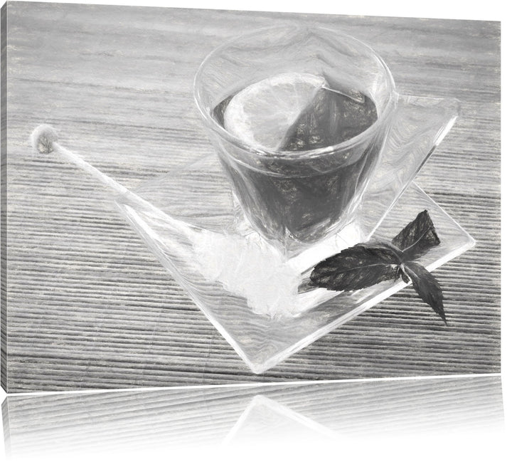 Pixxprint Tasse Tee mit Minze Kohle Zeichnung Effekt, Format: 100x70 auf Leinwand, XXL riesige Bilde