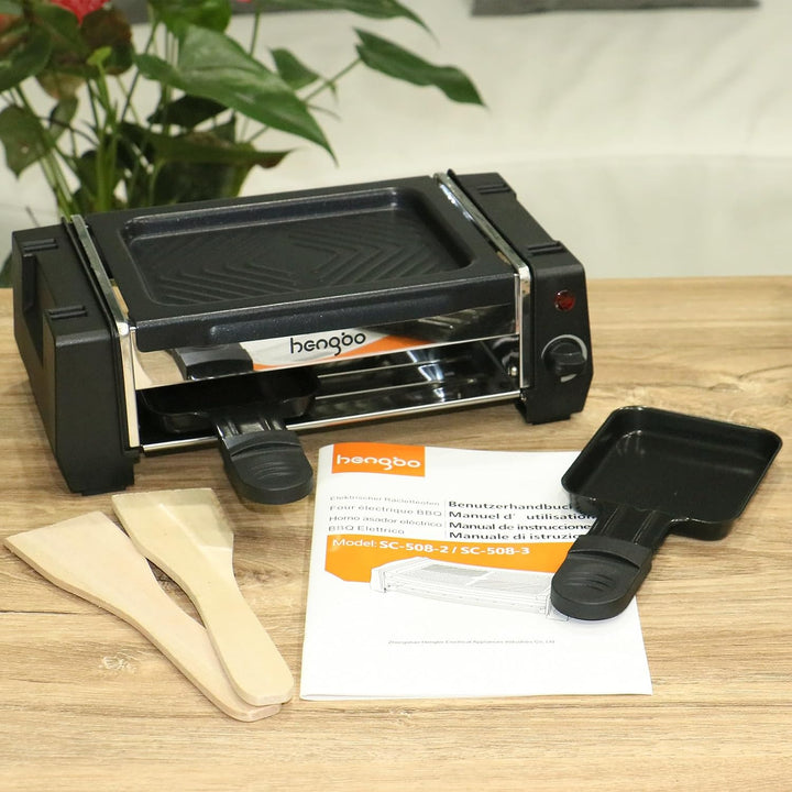 HengBO Mini Raclette, Raclette Grill für 1 bis 2 Personen, Antihaftbeschichteten Grillplatte, 2 Pfan