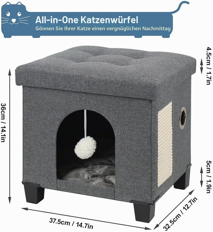 BRIAN &amp; DANY Faltbare Katzenhöhle Grosse Katzen, Katzenhaus mit Kratzbrett und Spielball, Katzen Höh
