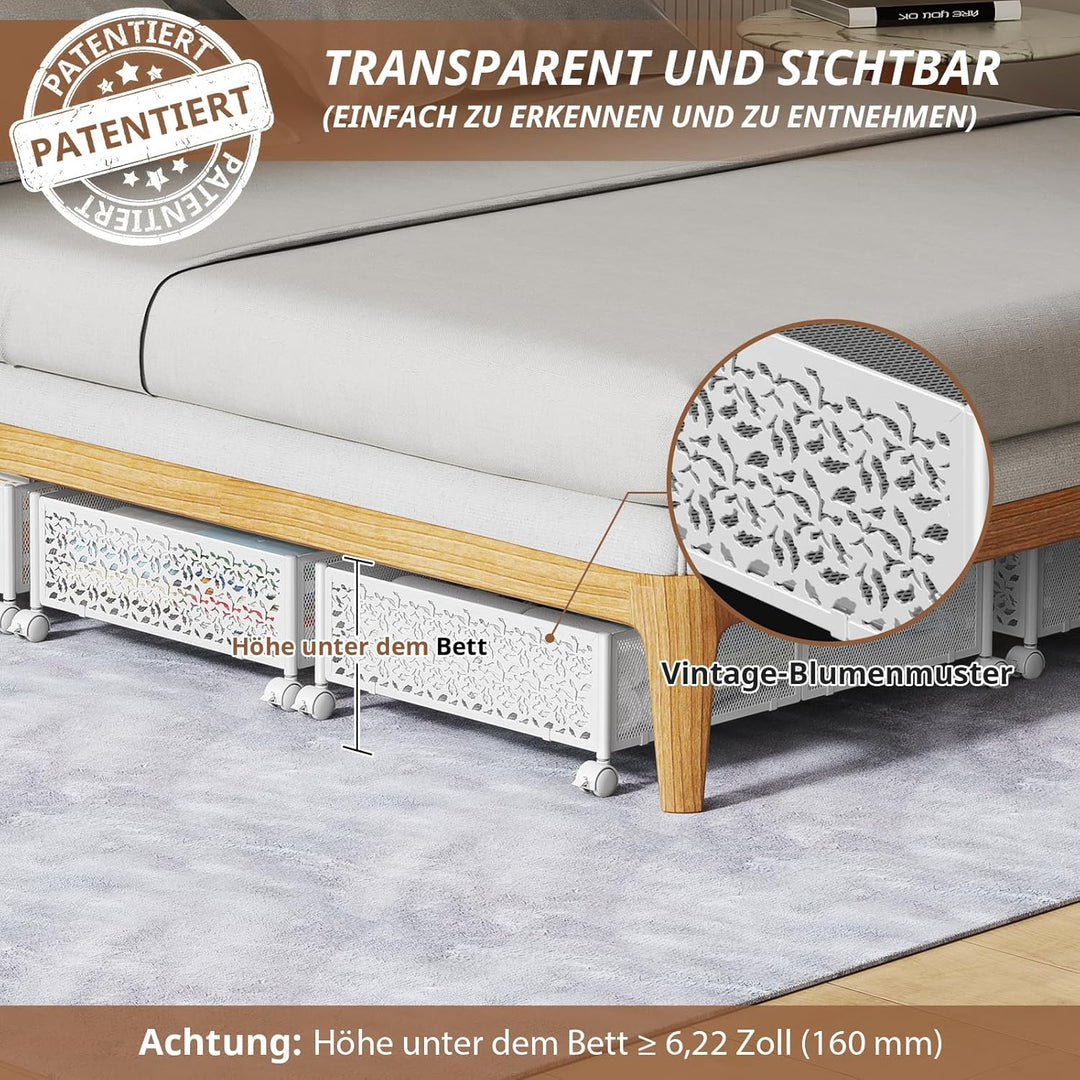 PHINOX Unterbett-Aufbewahrungsbox mit Rollen, 4 Stück faltbare Metall-Unterbettkommode zur Kleiderau