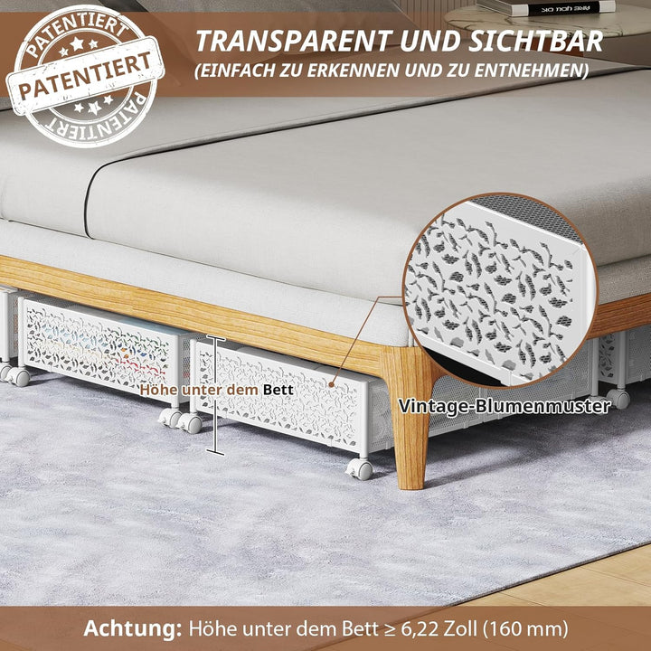 PHINOX Unterbett-Aufbewahrungsbox mit Rollen, 4 Stück faltbare Metall-Unterbettkommode zur Kleiderau
