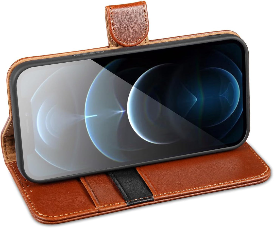 LENSUN Echtleder Hülle für iPhone 12, iPhone 12 Pro Handyhülle Echtes Leder Etui [Kartenfach][RFID B