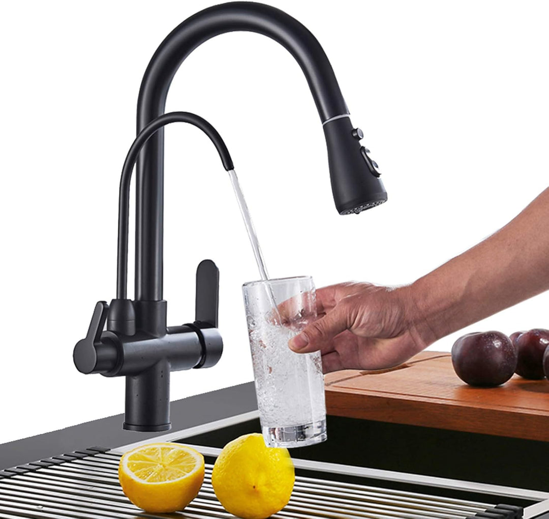 Onyzpily Wasserhahn Küche Schwarz Reines Wasser Küchenarmatur mit ausziehbar Doppelgriff Heisses und