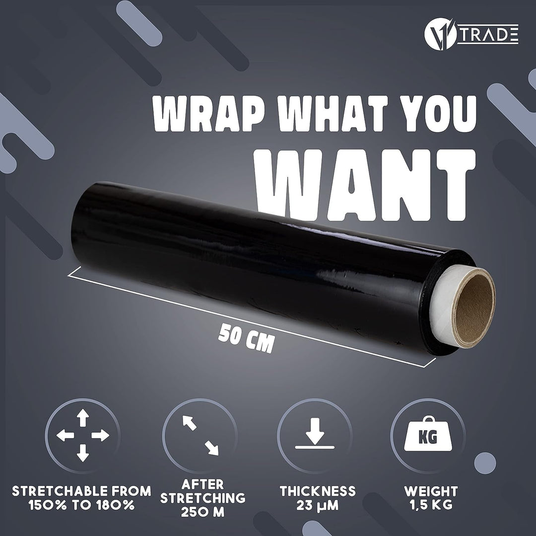 V1 TRADE Stretchfolie Schwarz Strechfolienrolle 1,5kg - Wickelfolie - Handstretchfolie 285m/50cm Ver
