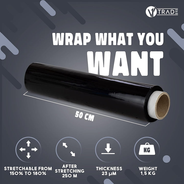 V1 TRADE Stretchfolie Schwarz Strechfolienrolle 1,5kg - Wickelfolie - Handstretchfolie 285m/50cm Ver