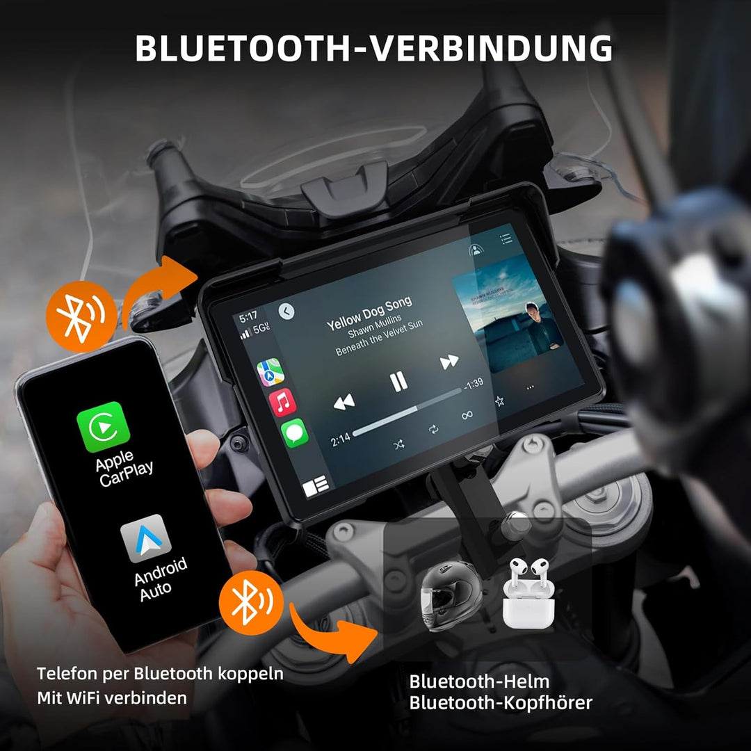 7 Zoll Motorrad Display mit Wireless CarPlay & Android Auto, 1000 Nits Helles Motorrad Navi Touchscr