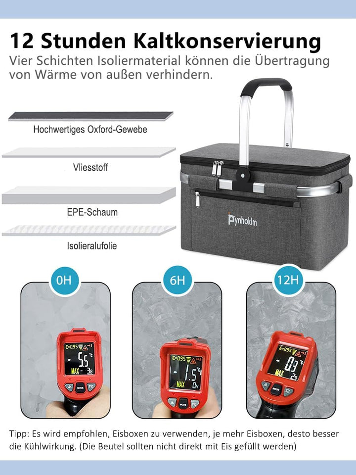 22L Einkaufskorb mit Kühlfunktion Tragekorb Faltbar Picknickkorb mit Deckel Klappkorb Thermokorb Iso