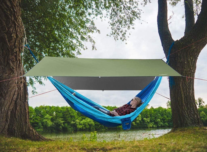 Unigear Tarp 3x3 3x4 3x5 4x4 wasserdicht, Zeltplane für Hängematte mit Ösen + 6/8 Erdnägel + 6/8 Sei