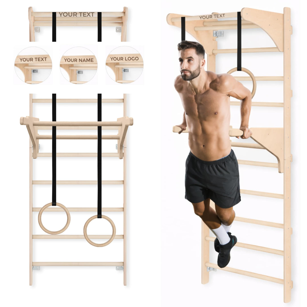 MAMOI® Wandgymnastikleiter für Erwachsene mit Dip-Barren, Turnringen und Trainingsgriff, erweiterte
