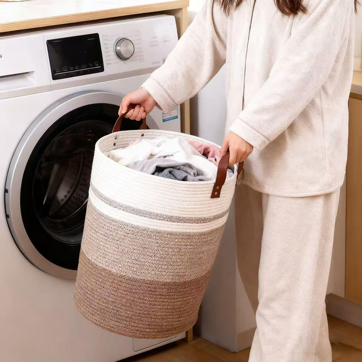 Grosser Wäschekorb aus Baumwollseil, 63L Kapazität, 50 x 40 cm, Weiss-Beige mit Ledergriffen (YM), Y