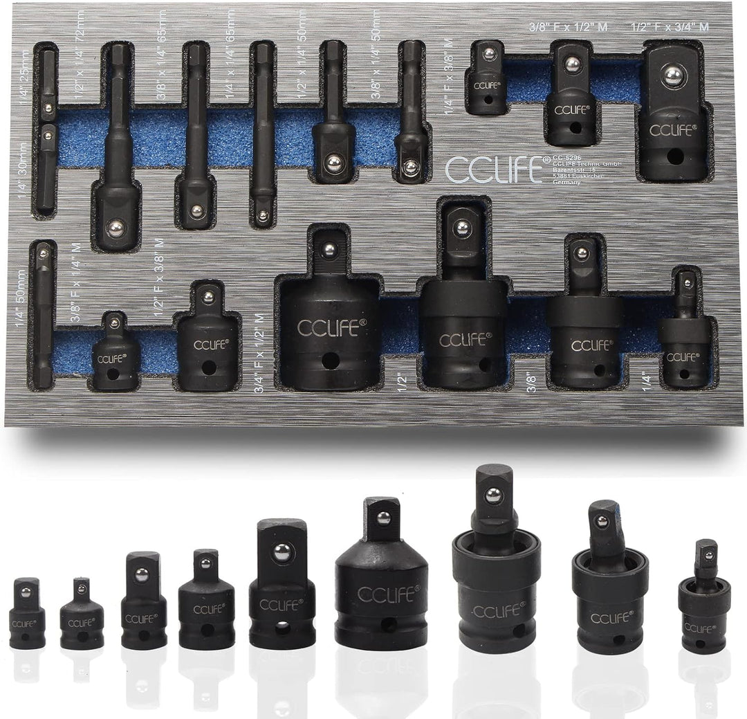 CCLIFE 17tlg Stecknuss Adapter für Schlagschrauber 1/4' 3/8' 1/2' 3/4' Bit Nuss & Kardangelenk | Cr-