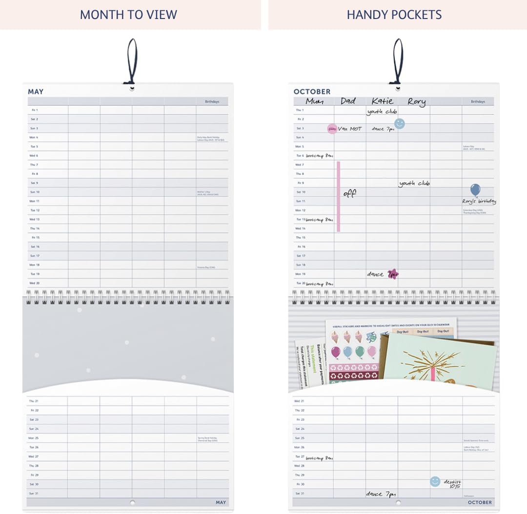 Busy B - Grosser Familien-Wandkalender 2026 - Puderblau Design mit 5 Spalten & Aufbewahrungstaschen