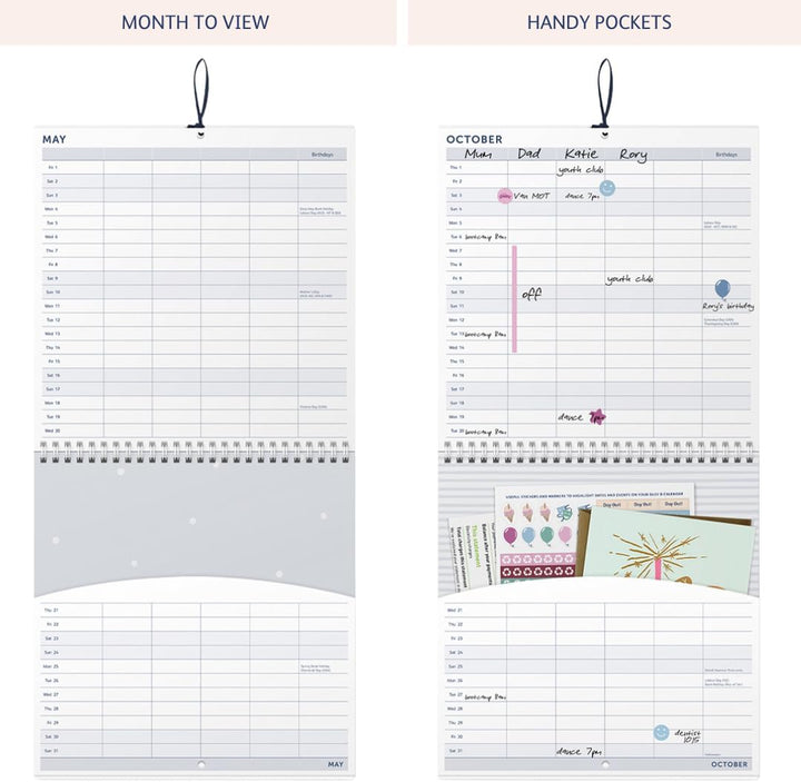 Busy B - Grosser Familien-Wandkalender 2026 - Puderblau Design mit 5 Spalten & Aufbewahrungstaschen