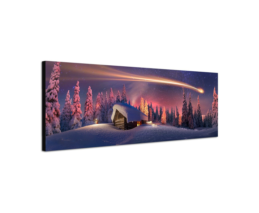Wandbild auf Leinwand als Panorama in 150x50cm Wald Haus Schnee Sternschnuppe Fantasie