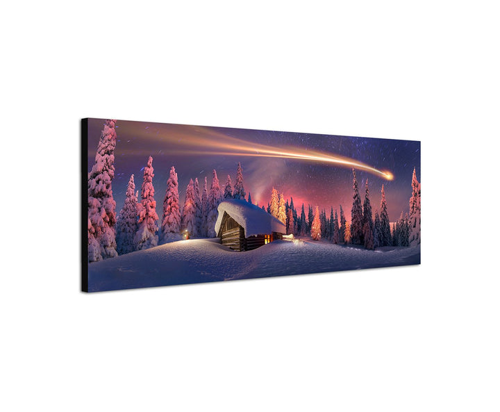 Wandbild auf Leinwand als Panorama in 150x50cm Wald Haus Schnee Sternschnuppe Fantasie